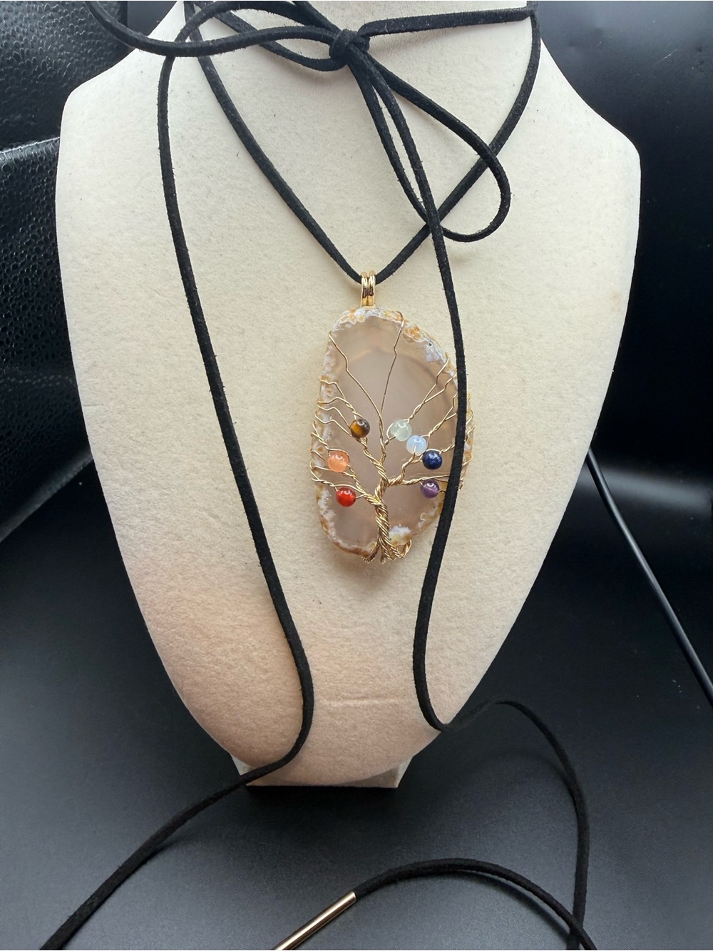 Gold Wire-Wrapped Agate Tree of Life Pendant on black cord Necklace